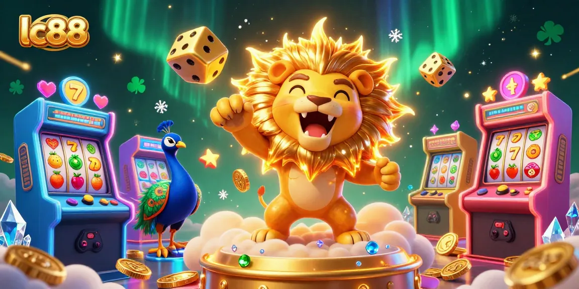 Engage with lc88's vibrant casino adventure featuring a roaring lion, golden dice, and exciting slot games.