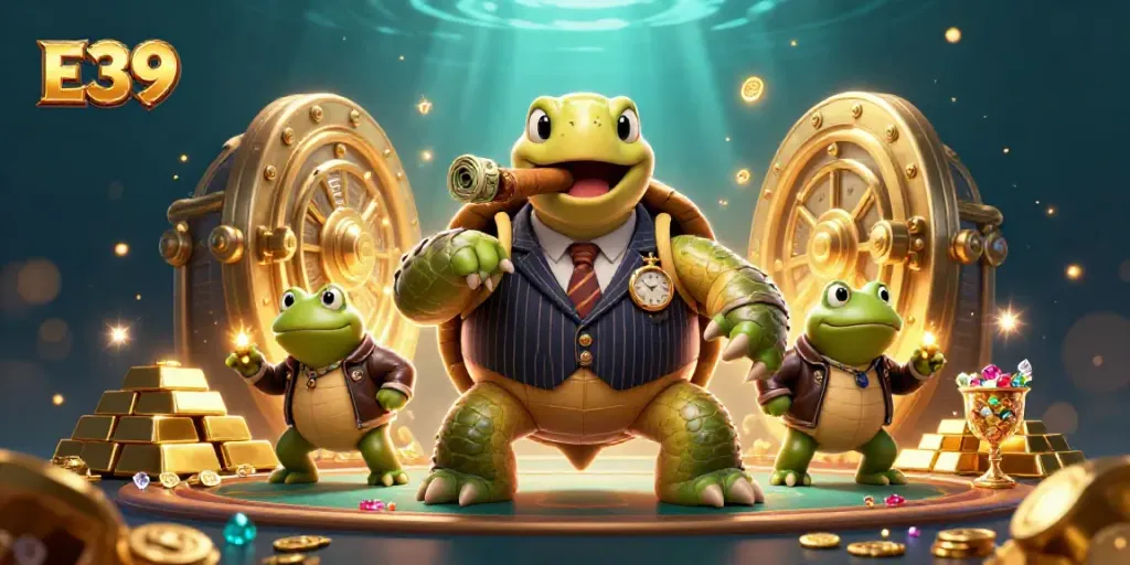E39 themed casino art showcasing a snapping turtle in a mobster suit surrounded by gambling riches and vibrant lights.