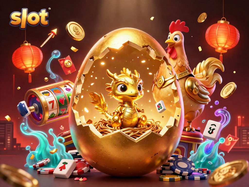 Engage with slot games illustrated by a golden dragon emerging from a sparkling nest of chips.