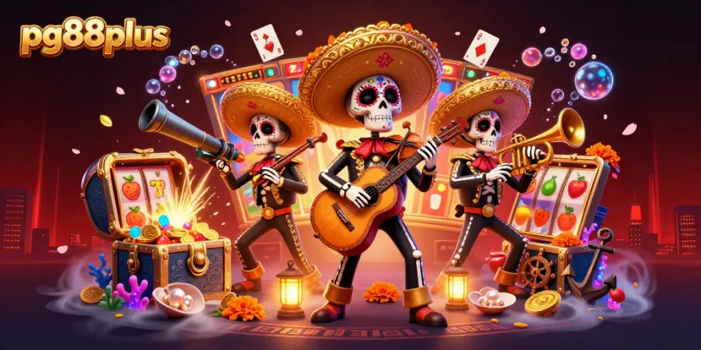 Engage with pg88plus through a vibrant 3D scene of a skeleton mariachi band amidst slots, gold coins, and festive decorations.