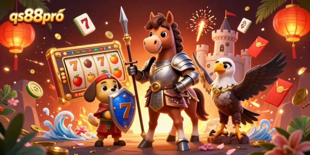 Engage in thrilling action at qs88pro with knight-themed slot game adventure illustration.