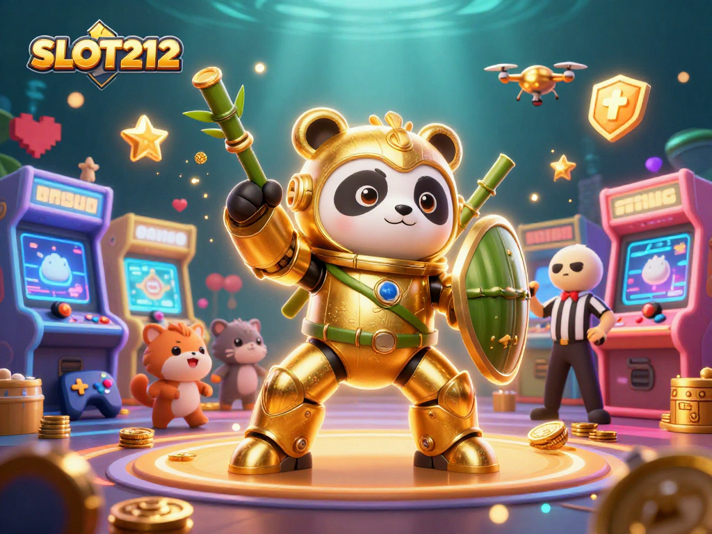 SLOT212 showcases an exciting arena with a golden panda in a mech-suit amidst casino elements, attracting gamblers