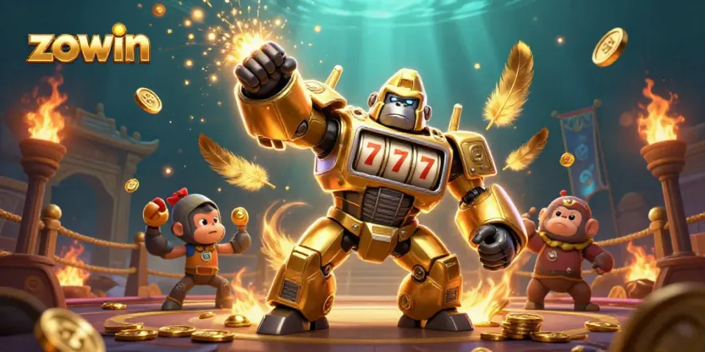 Join the thrilling action at ZOWIN with golden gorilla mech battling in a vibrant casino arena.