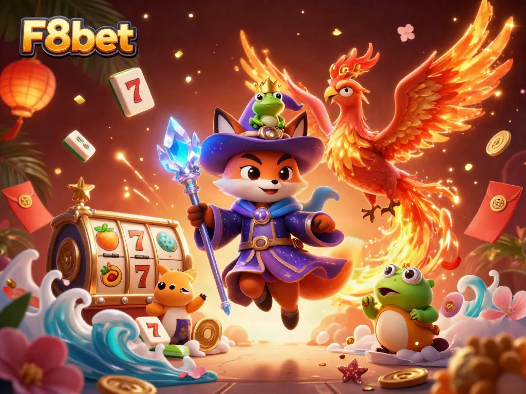 Experience the thrill of gaming with F8bet's captivating 3D illustration filled with adventure-inspired characters and casino elements.