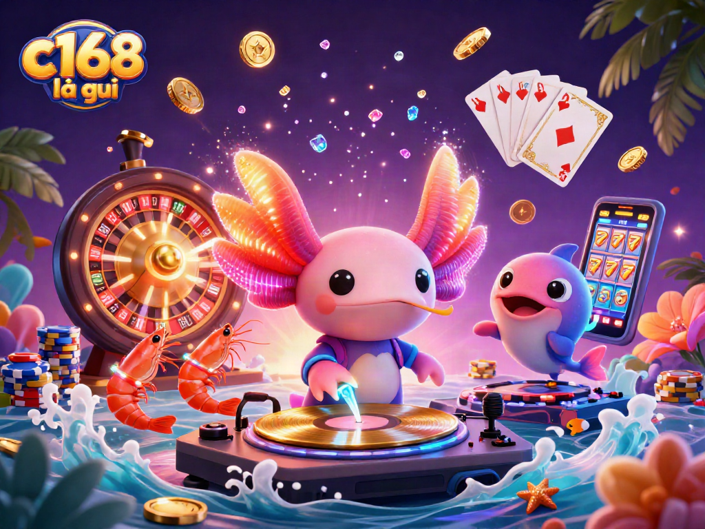 Experience the vibrant nightlife as c168 là gì showcases a neon axolotl DJ spinning in an underwater casino.