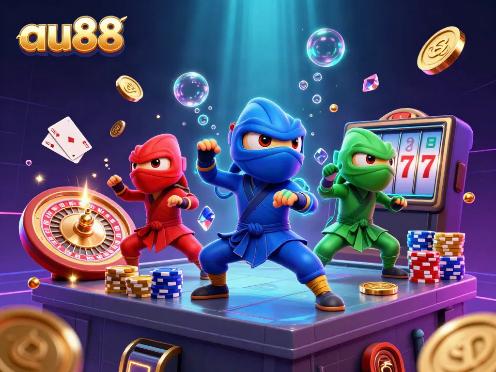 Experience the thrill of gambling with au88's vibrant 3D animation featuring chameleons and casino elements.