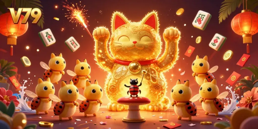 V79 tạo không gian giải trí thú vị với chú mèo thần tài và nhiều biểu tượng casino lung linh.