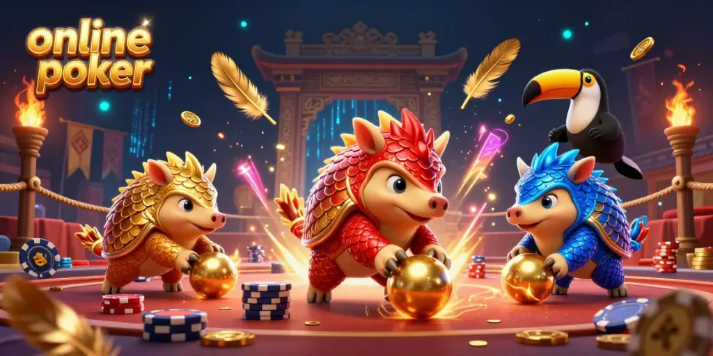 Experience thrilling online poker action with colorful pangolin characters, high stakes, and vibrant game elements.