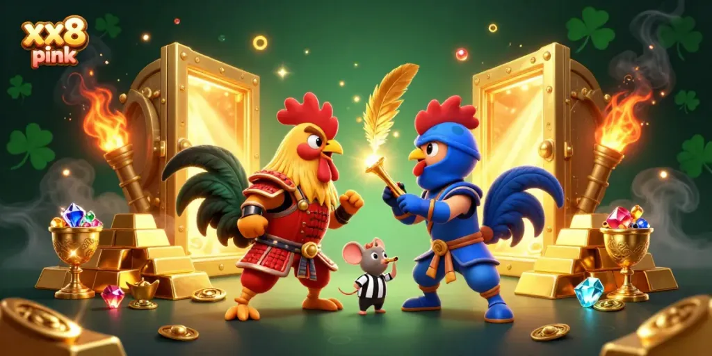 Engage in thrilling battles in the world of xx8 pink with dynamic roosters and treasures.