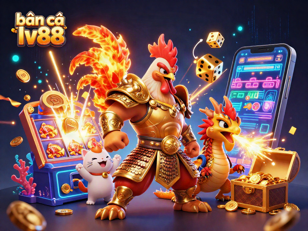 Bắn cá lv88 captivating action scene featuring a rooster warrior, dragon hatchling, and fortune cat amidst vibrant casino game elements.