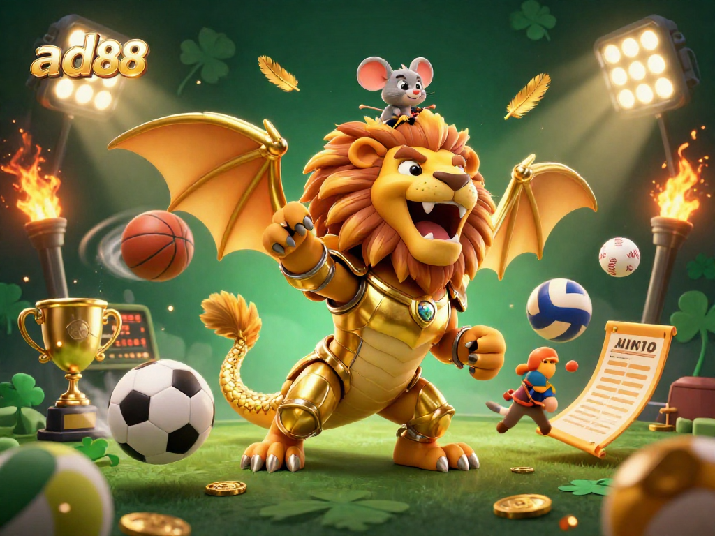 Bet on ad88 with a gold armored chimera and mouse jockey amid flying sports elements and vibrant casino atmosphere.