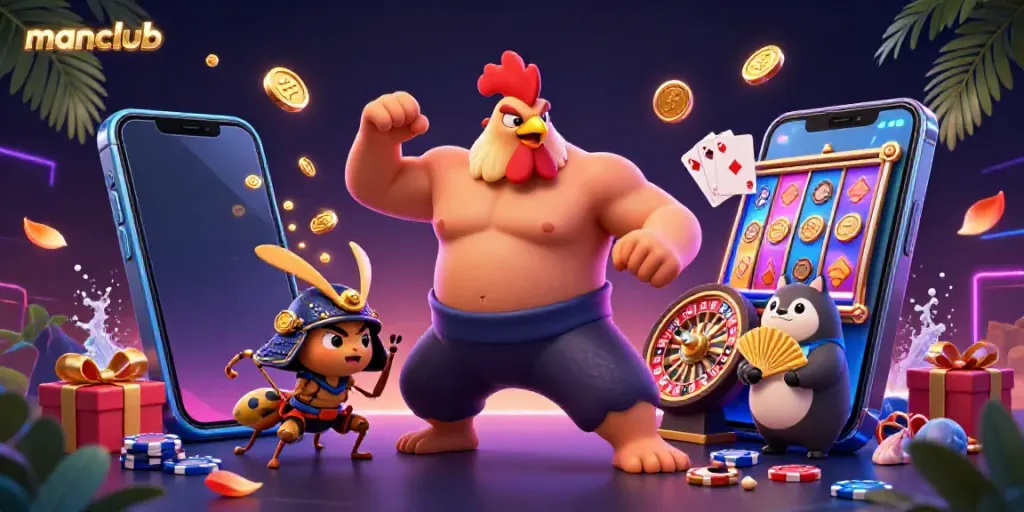Engage with manclub gaming as a sumo rooster and samurai cricket battle amidst vibrant casino elements.