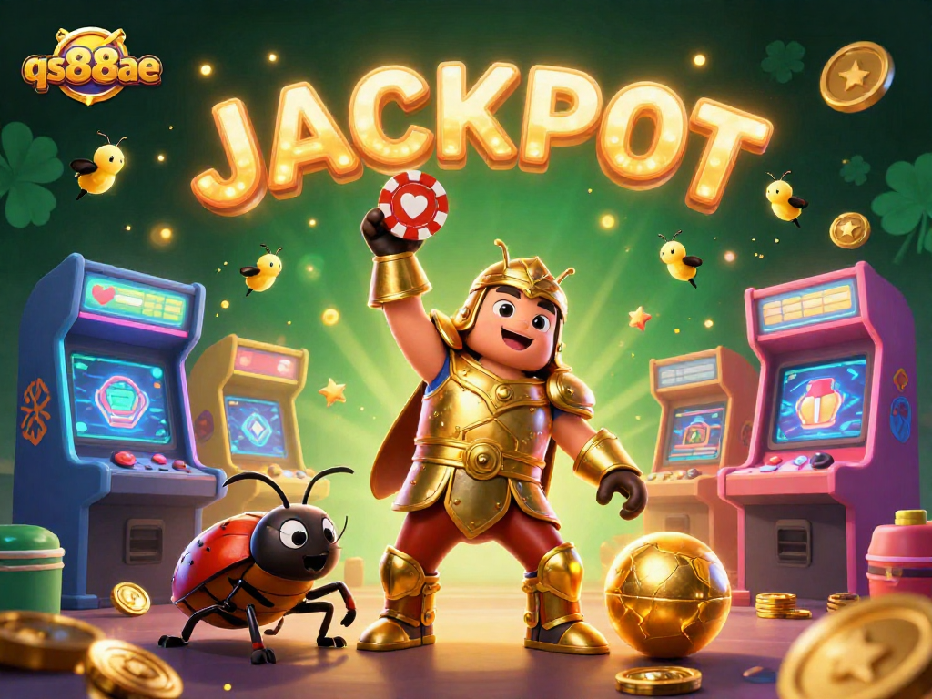 Join the excitement at qs88ae, where a hercules beetle celebrates a jackpot victory at a vibrant casino!