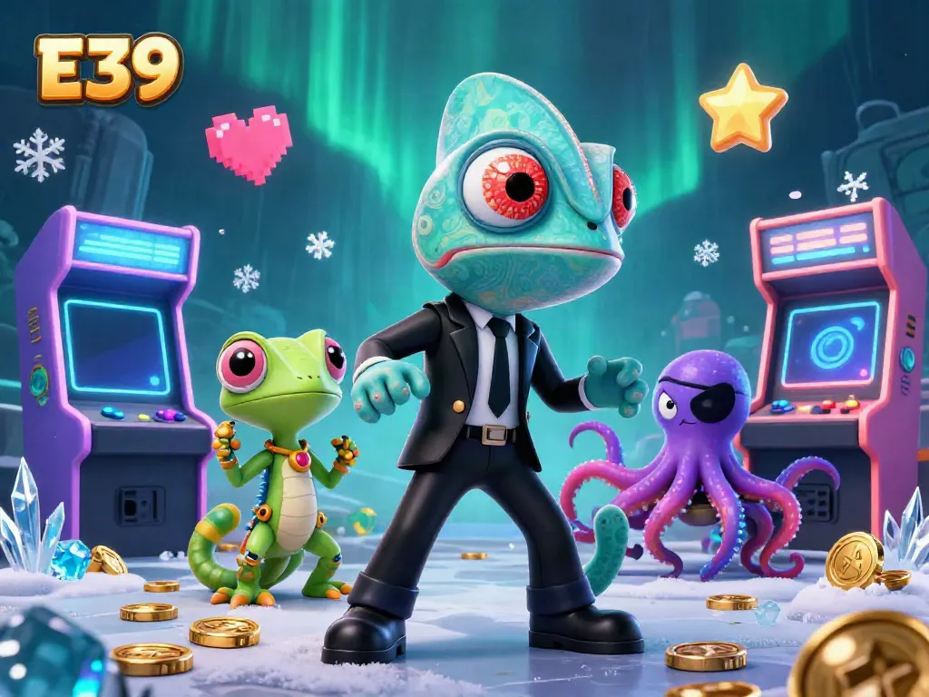 E39 casino-themed 3D illustration showcasing a secret agent chameleon, tech-gecko, and octopus amidst bright game machines.