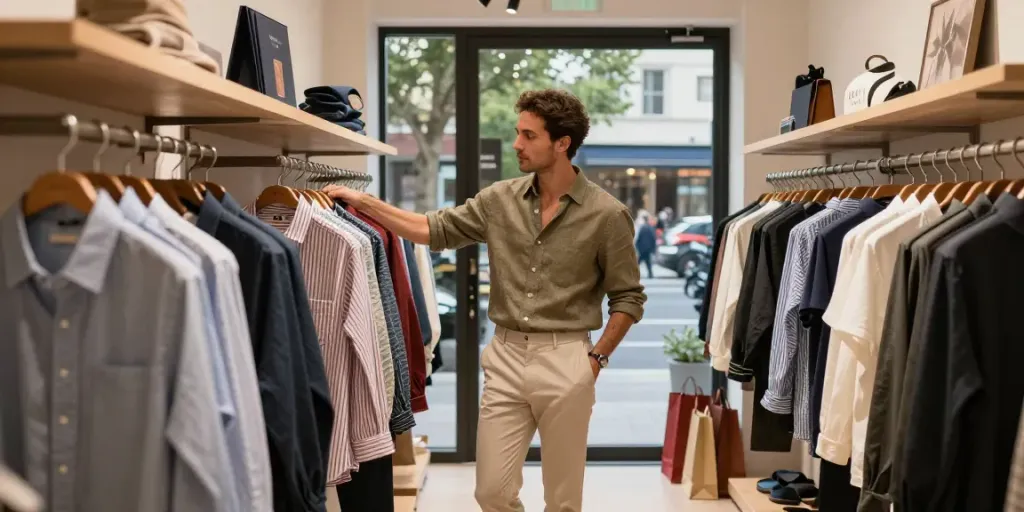 Luxury men's clothing online boutique showcasing elegant summer outfits and stylish accessories.