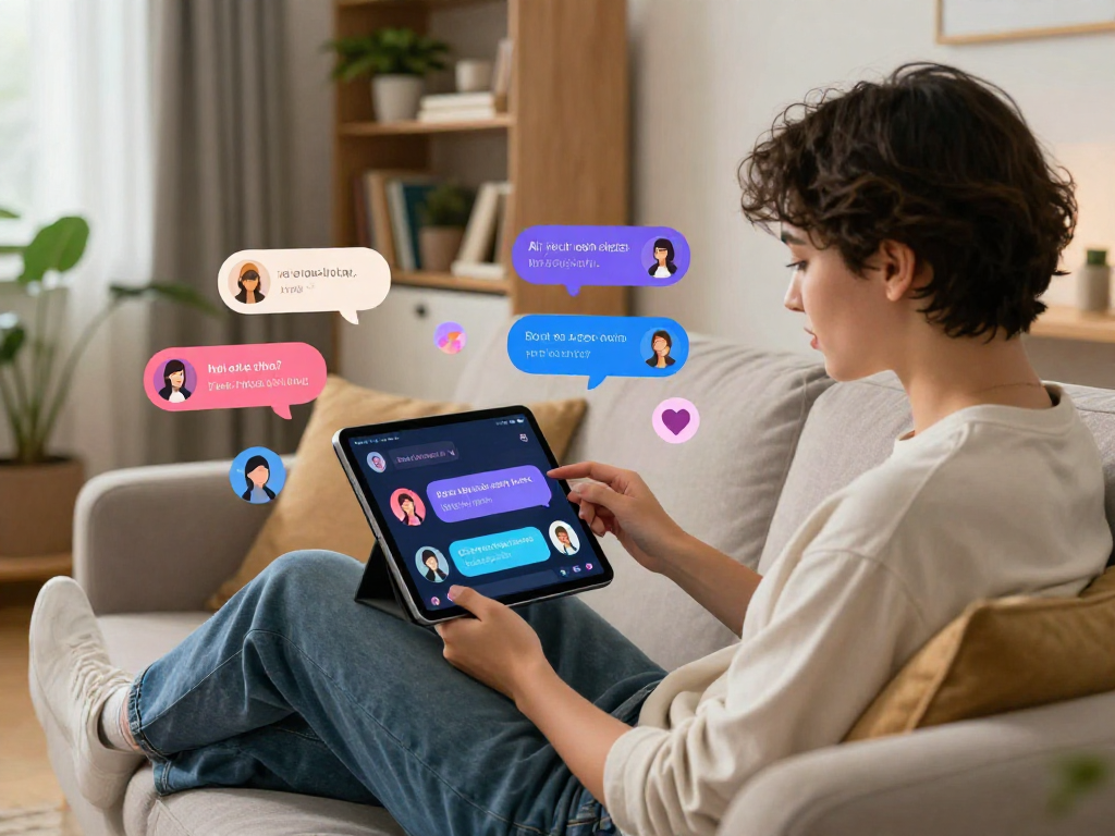 Engaging in ai sex chat on a tablet in a cozy living room