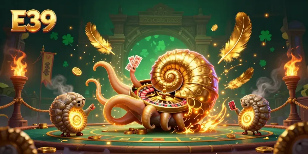 E39 features a giant nautilus as a roulette wheel with glowing companions, surrounded by casino elements.
