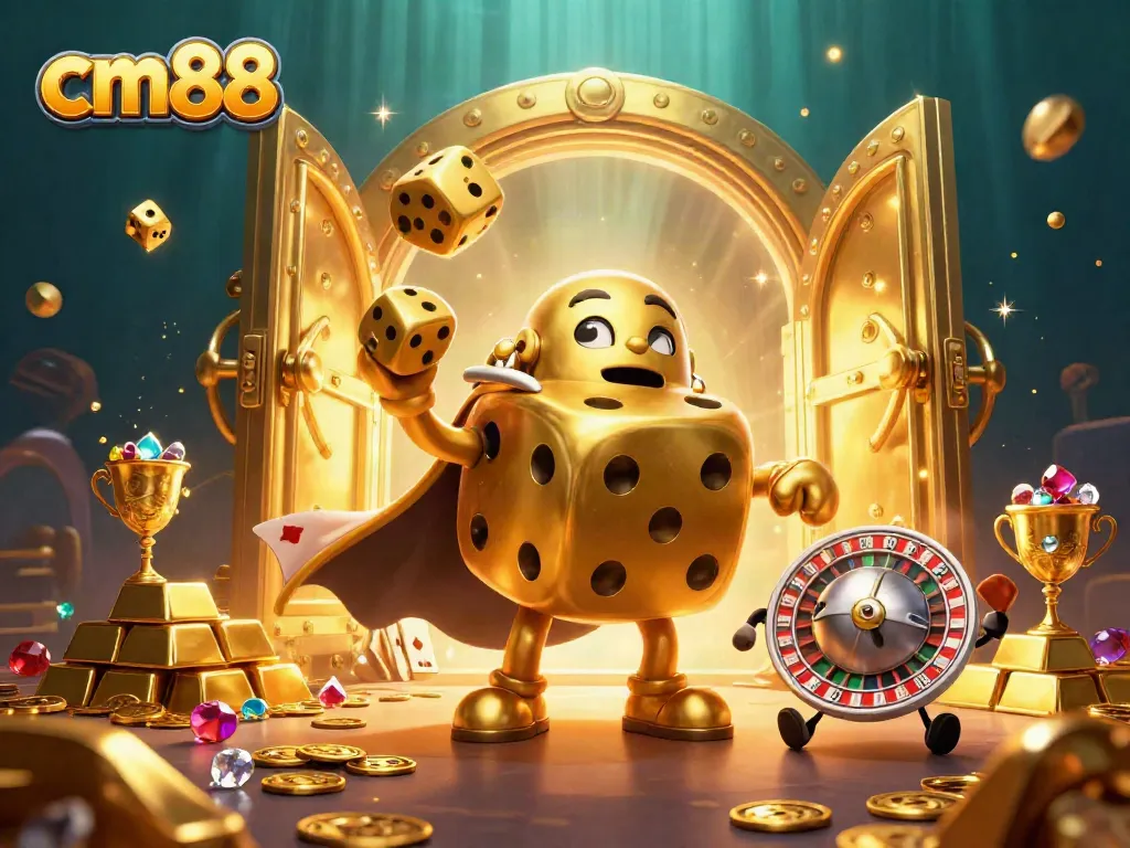 Feel the thrill at cm88 as the golden dice golem juggles dice in a treasure-filled casino.