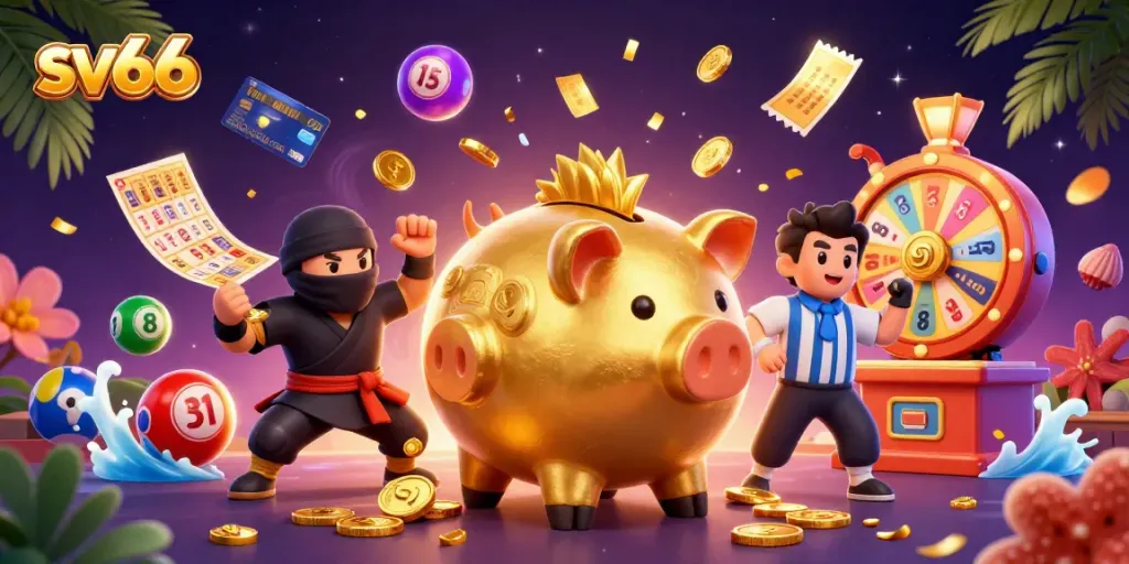 sv66 engaging illustration with piggy bank wrestler and lottery games elements flying