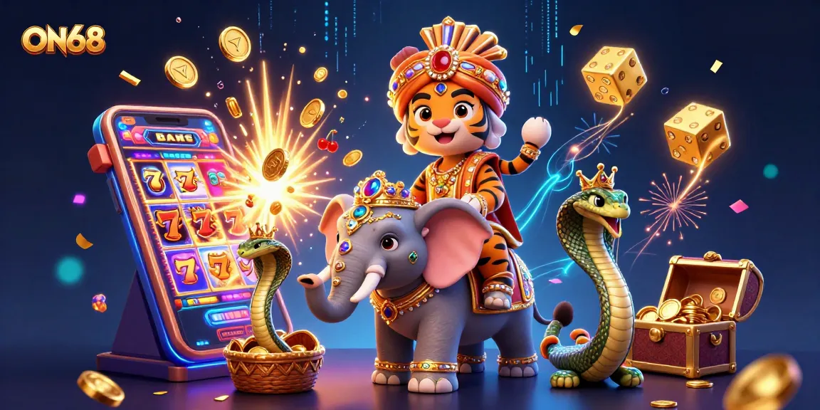 Experience thrilling jackpots with ON68's vibrant 3D casino illustration showcasing dynamic gaming elements.