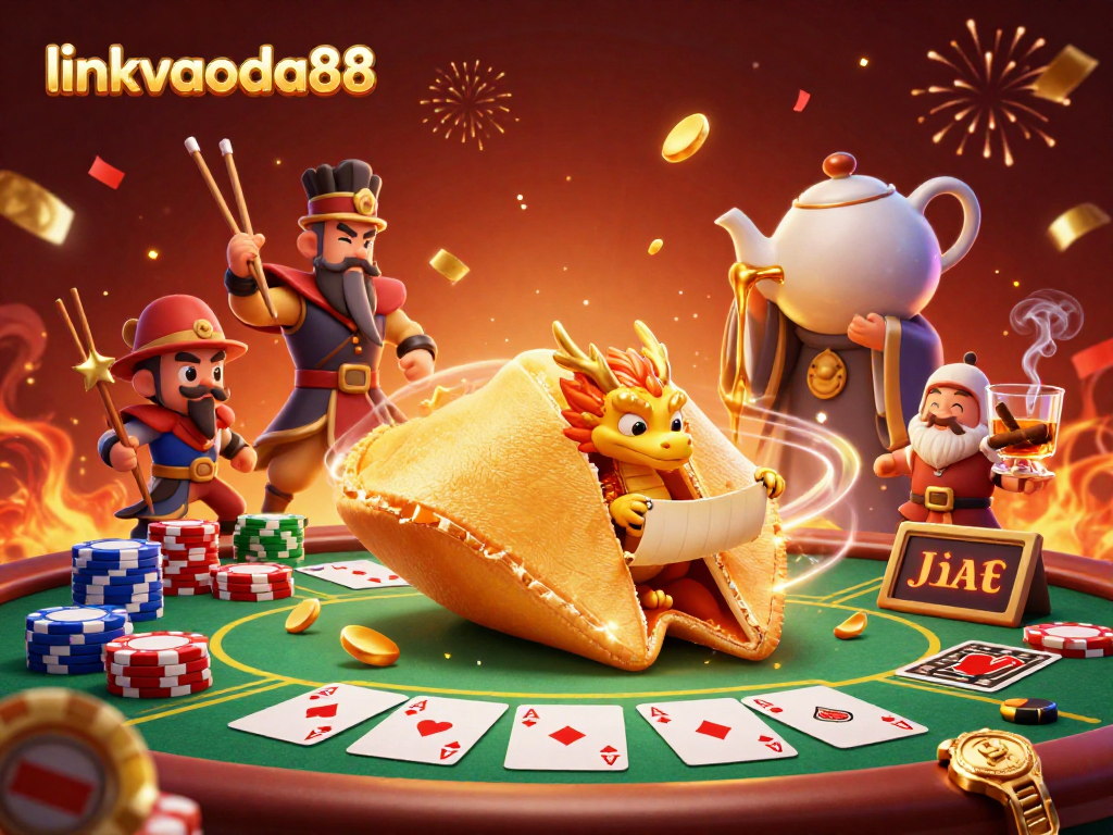 linkvaoda88 showcases a dynamic casino scene with a wise dragon and golden fortune cookie.