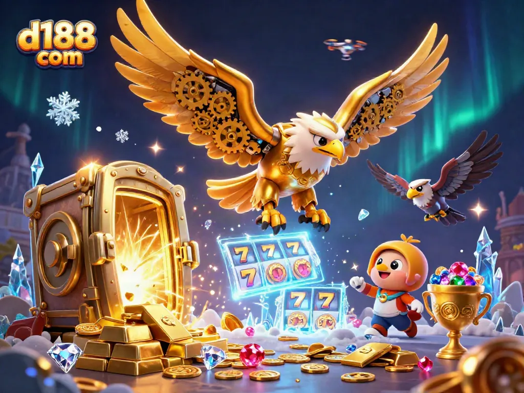 Spin and win at d188 com with a vibrant illustration showcasing golden eagle and slot reels.