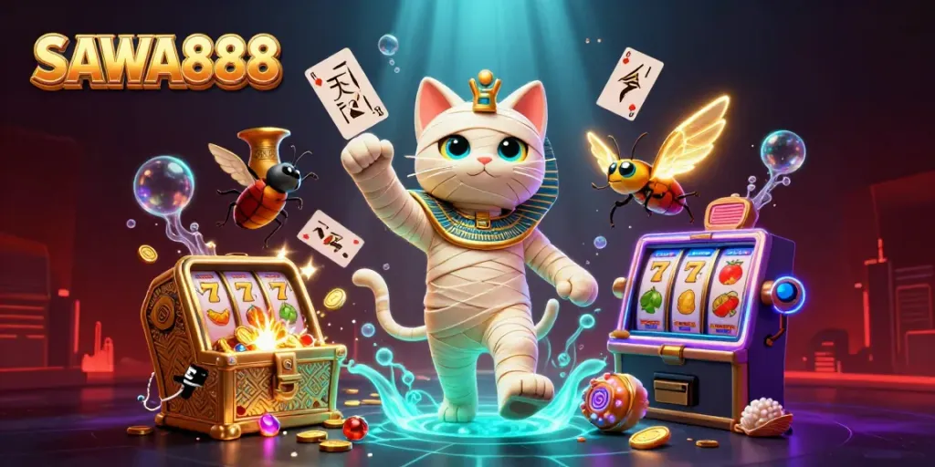 Experience the excitement of SAWA888 with vibrant slot symbols and a dazzling mummy cat.