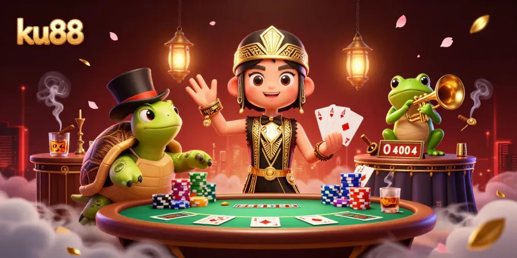 Experience thrilling games at ku88, surrounded by vivid casino artwork and card action.