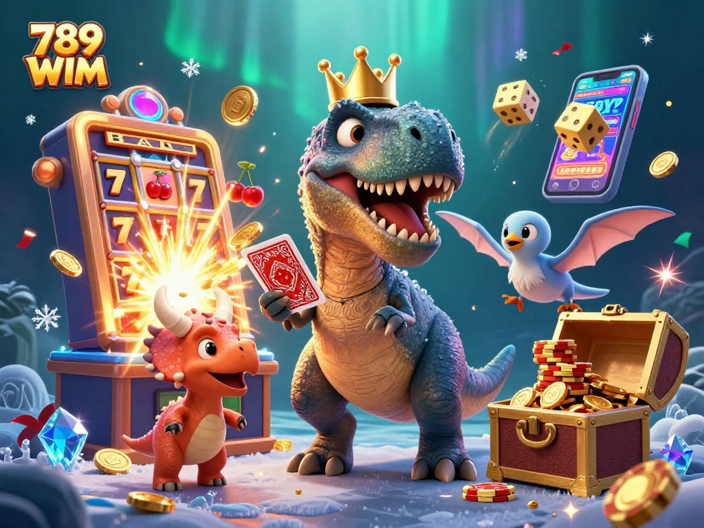 Engage with the exciting world of 789 WIM as friendly dinosaurs play cards and stack chips in a vibrant casino setting.