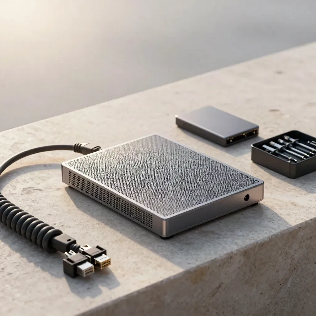 Router mesh, hub, SSD e cavi su pietra chiara, con luce morbida e atmosfera fresca.