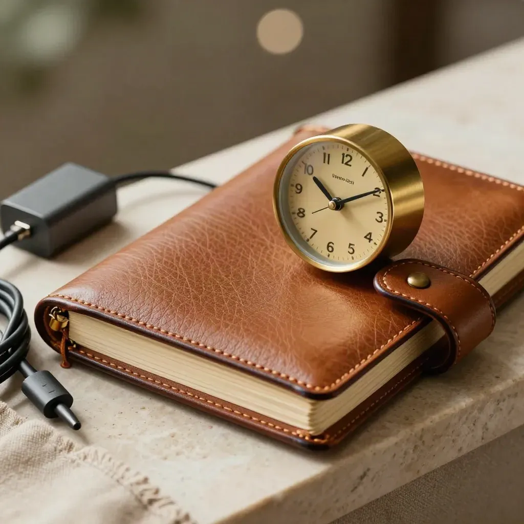 Planner in pelle, orologio in ottone, caricatore e cavo ordinato su pietra chiara.