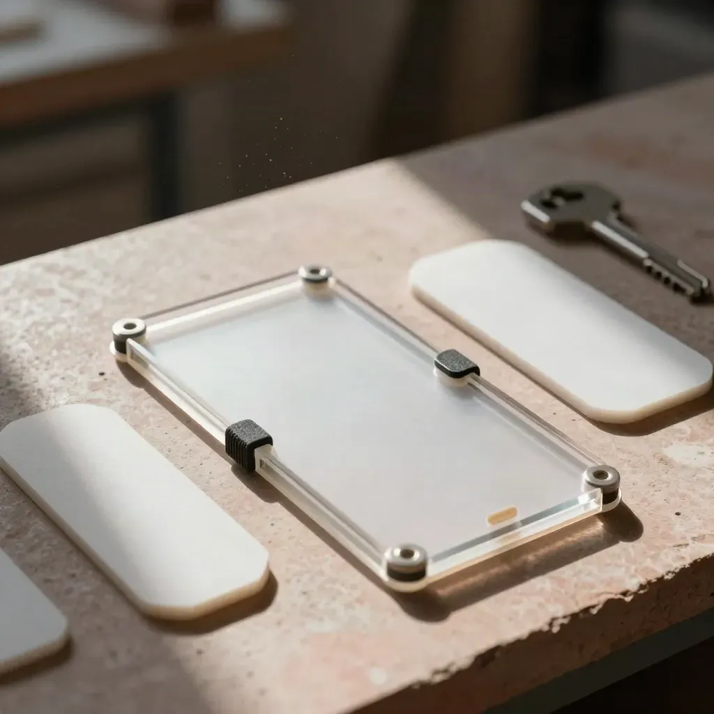 Componenti prototipo in foam e acrilico su pietra, luce drammatica dall'alto.