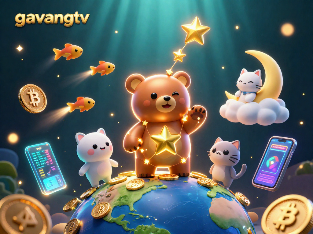 Experience thrilling moments with gavangtv in a vibrant 3D illustration featuring gold star characters.