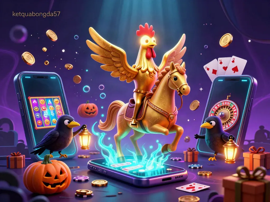 Experience ketquabongda57's vibrant casino scene, featuring a golden rooster riding a spectral horse amid dynamic gaming elements.