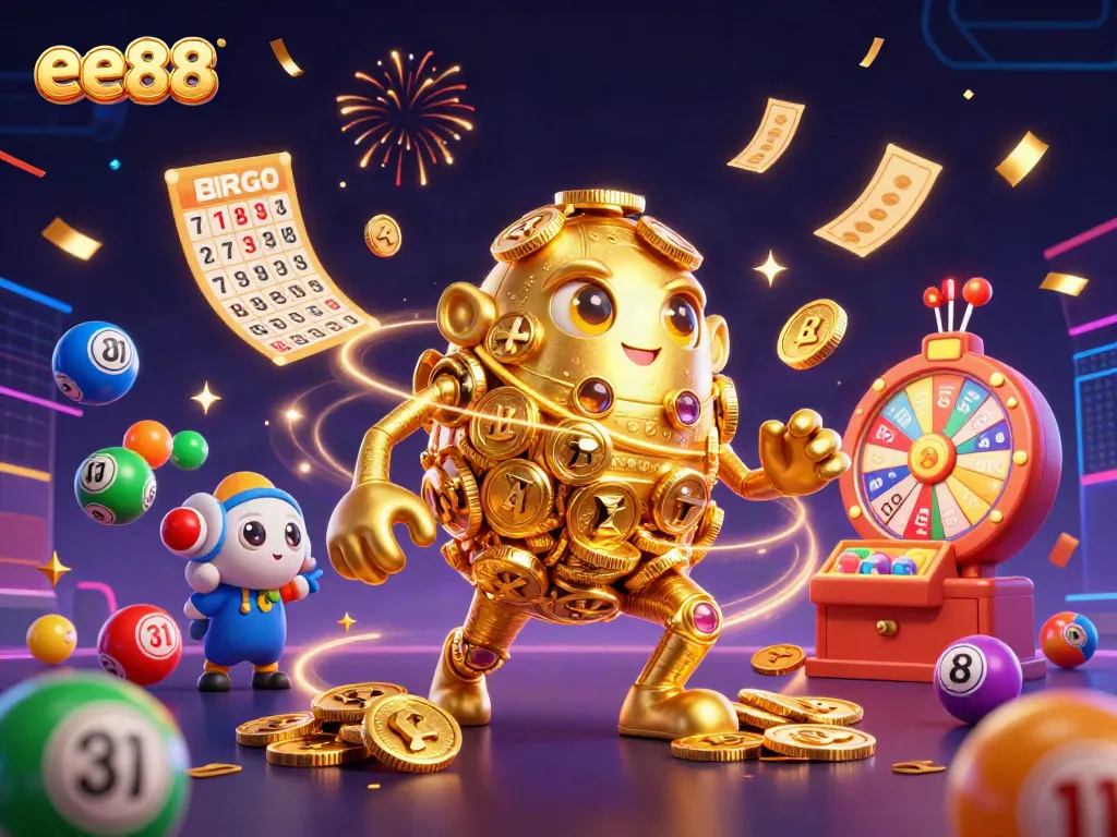 Spin and win with ee88's dynamic gaming scene featuring colorful lottery balls and golden prizes.
