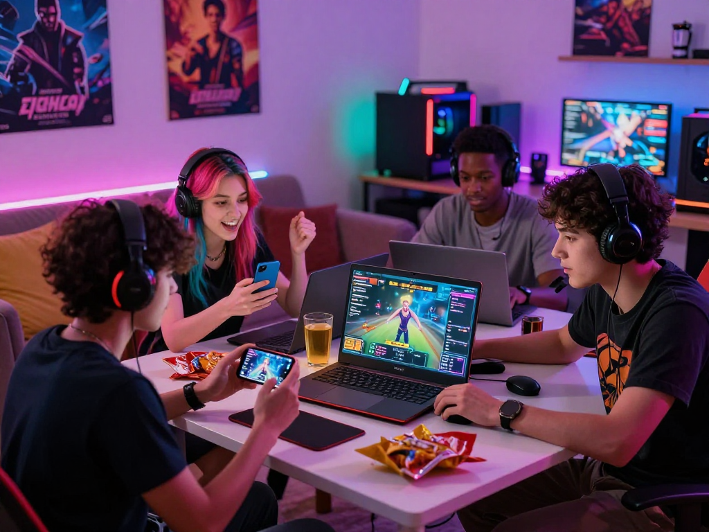 Players engaging in transformation porn games in a lively gaming atmosphere with colorful decor and devices.