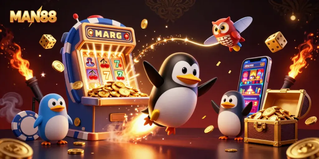 Experience thrilling gaming at MAN88, featuring dynamic golden penguins and jackpots on colorful slots.