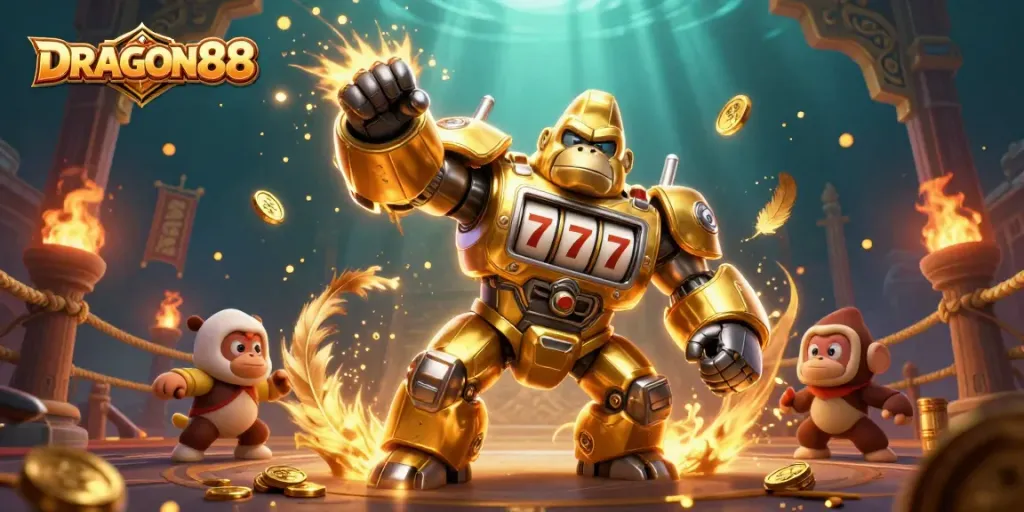 Experience the excitement of DRAGON88 with a vibrant 3D illustration of a golden mech and gaming elements.