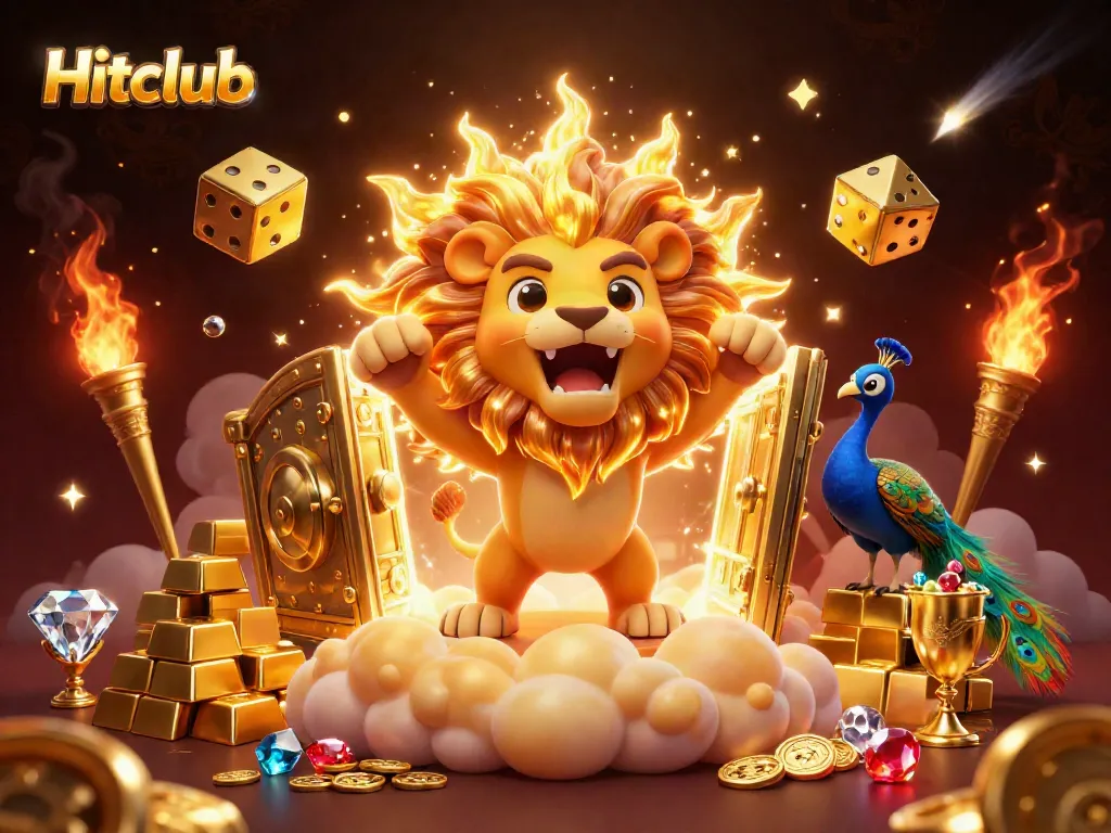 Hitclub showcases an exciting 3D illustration of a roaring sun lion, golden dice, and treasure amidst casino elements.