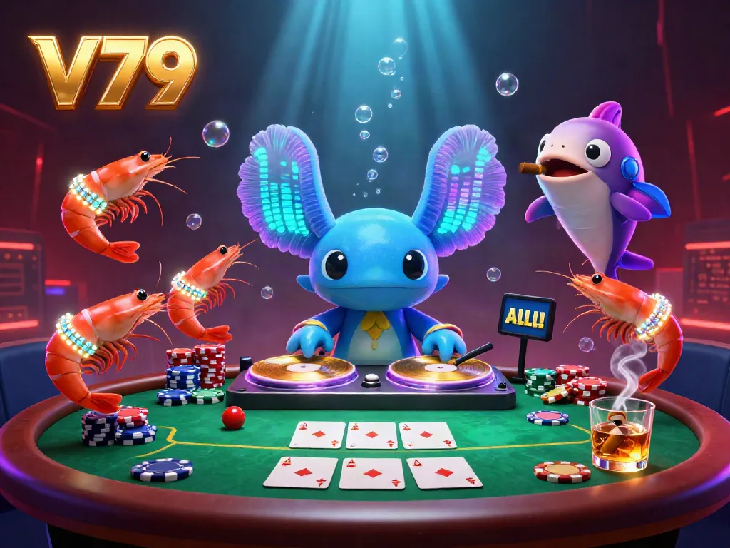 Engage with V79's lively casino scene featuring a neon axolotl DJ and poker elements.