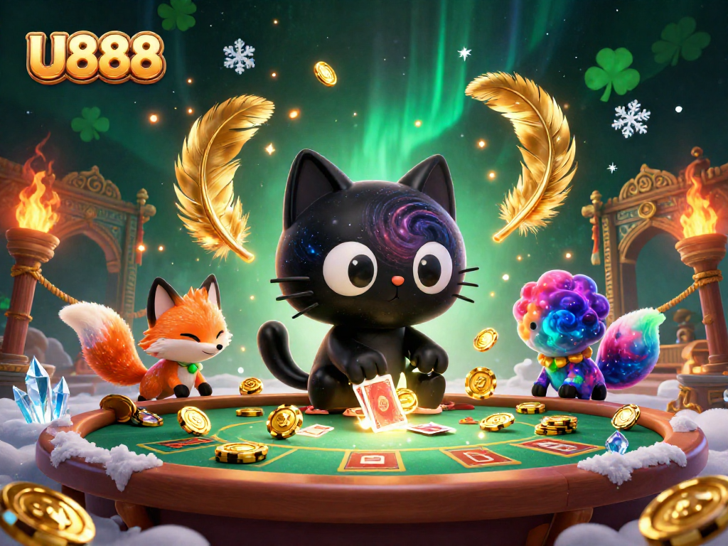 Engage with vibrant U888 casino action featuring a cosmic cat drawing in chips and cards