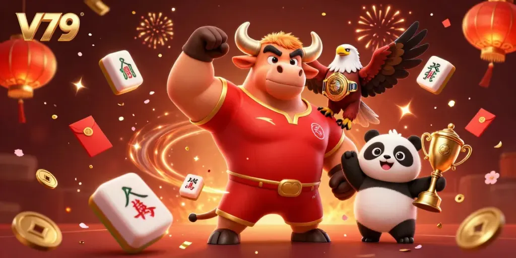 Experience thrilling gaming at V79, featuring a bull mascot, eagle, and panda celebrating amidst vibrant casino elements.