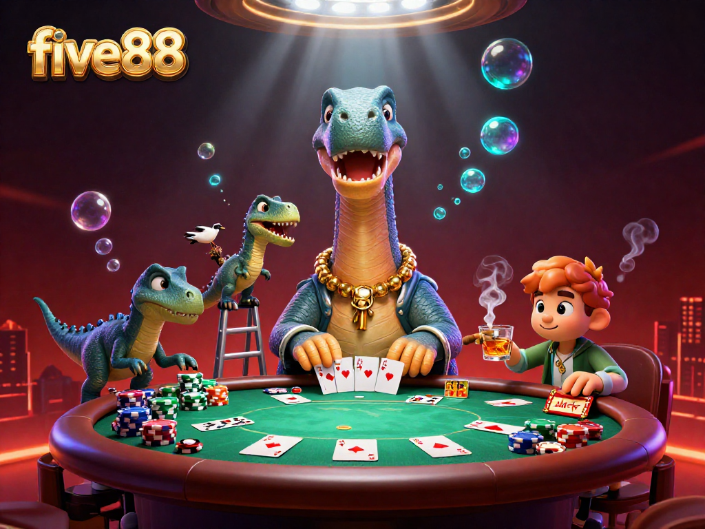 Engage in thrilling poker action with five88 at an epic casino scene featuring a brontosaurus and clever raptor.