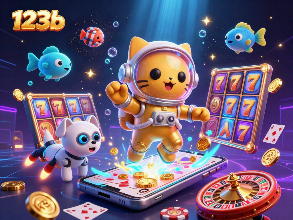 Spin and win big with 123b in this vibrant 3D casino scene featuring an astronaut cat and slot games.
