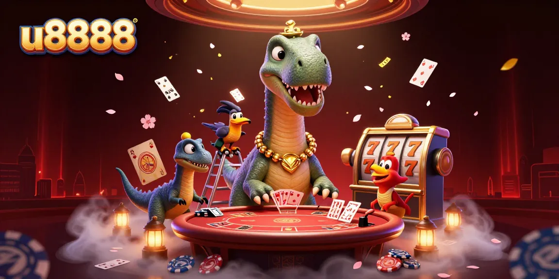Engage with u8888's casino adventure featuring a brontosaurus and clever raptor amidst vibrant gaming elements.