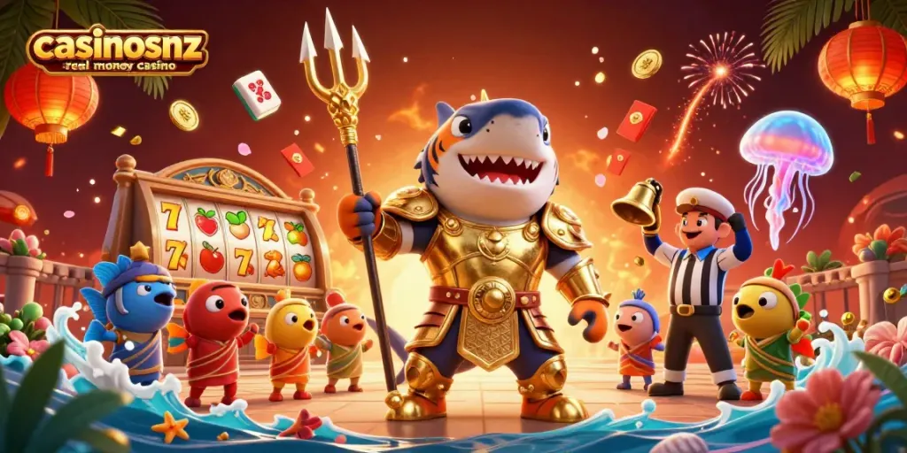 Experience the thrill of casinosnz real money casino with a vibrant 3D underwater scene featuring a mighty gladiator shark.