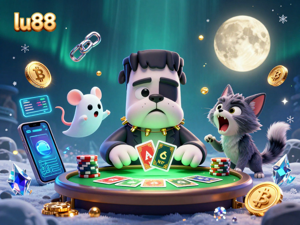 lu88 showcases a vibrant, animated scene with a Frankenstein bulldog dealer in a crypto gaming setup.