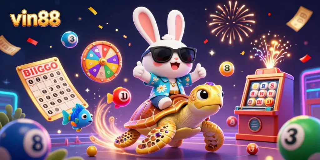 Experience the excitement of vin88 with a lucky rabbit and golden turtle amidst vibrant casino elements.