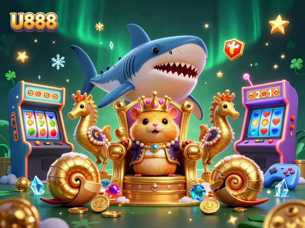 Experience exciting U888 gameplay with vibrant visuals featuring a golden hamster king on a megalodon throne.