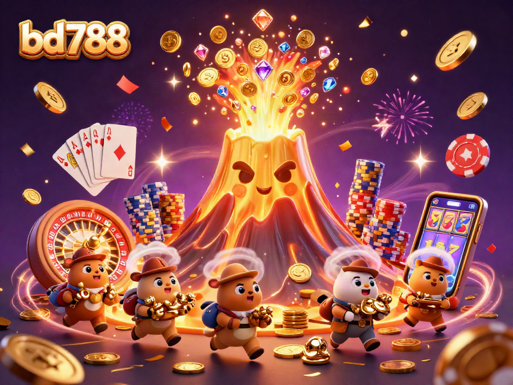 Experience bd788's triumphant treasure eruption from a golden volcano among vibrant casino elements.